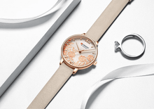 Load image into Gallery viewer, Womens Elegant Waterproof Clock With Decoupage Flower Details In Variant With Leather And Stainless Steel Knitted Belts
