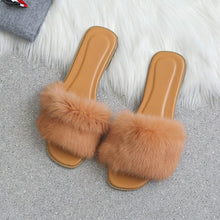 将图片加载到图库查看器，Fashion Fur Flat Women's Slippers Plus Size Spring Summer Fluffy Fur Slippers Shoes Woman Plush Fur Slip On Flip Flop Flat Furry Fur Slides Outdoor Sandals Furry Slides Summer Sandals Open Toe Indoor Outdoor Fluffy Slides
