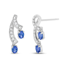 将图片加载到图库查看器，14K White Gold 4x3MM Oval Shaped Natural Blue Tanzanite Gemstone and 1/5 Cttw Diamond Double 3/4" Inch Drop Stud Earrings (H-I Color, VS1-VS2 Clarity)
