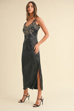 Load image into Gallery viewer, Embroidered Cami Satin Midi Slit Dress – Satin Dress, Sexy, Flattering, Embroidered Dress, Cami Style Dress, Midi Dress, Slit Detail Dress, Elegant Satin Dress
