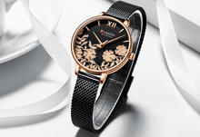 Load image into Gallery viewer, Womens Elegant Waterproof Clock With Decoupage Flower Details In Variant With Leather And Stainless Steel Knitted Belts
