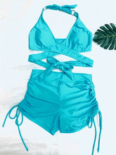 Load image into Gallery viewer, Coastal Curve Halter Bikini Set for Women – V-Neck Crisscross Drawstring Swimsuit with Chic Ring Detail &amp; High-Waisted Boxer Shorts for Summer – Sleek Two-Piece Nylon Swimwear for Women’s Beach &amp; Poolside Style
