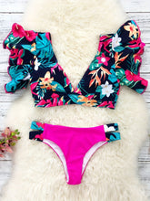 Load image into Gallery viewer, Bloom Day Ruffle Bikini Set – Chic Elegant Plant Print V-Neck Swimsuit with Tie-Back and High-Stretch Ruffle Trim – Women's 2-Piece Swimwear for Poolside Style &amp; King’s Day Celebrations
