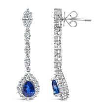 Load image into Gallery viewer, 18K White Gold 1 3/5 Cttw Diamond and 7X5 MM Pear Shaped Blue Sapphire 1 1/3 Inch Drop and Dangle Halo Earrings (G-H Color, VS1-VS2 Clarity)
