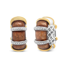 Load image into Gallery viewer, 18K Yellow and White Gold Flash Plated .925 Sterling Silver Clear Brown Enamel 9/10 Cttw Round Diamonds Huggie Hoop Earrings (F-G Color, VS1-VS2 Clarity)
