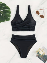 Load image into Gallery viewer, Bikini Solid Black Twist Front High Waist 2 Piece Swimsuit for Women – Stretchy V Neck Bikini Set with Ruched Tummy Control and Cross Strape Detail – Quick Drying Polyamide Swimwear for Beachwear Poolside and Summer Travel
