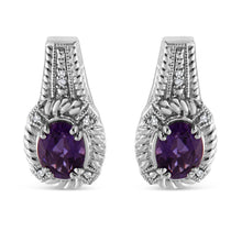 将图片加载到图库查看器，.925 Sterling Silver 8x6 MM Natural Oval Purple Amethyst Gemstone and Diamond Accent Art Deco Style Drop and Dangle Earrings (I-J Color, I1-I2 Clarity)
