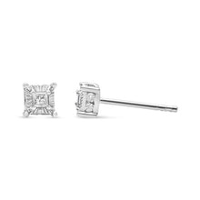 Load image into Gallery viewer, .925 Sterling Silver 1/4 Cttw Miracle Set Princess-Cut Diamond Solitaire Stud Earrings with Hidden Halo (I-J Color, SI2-I1 Clarity)
