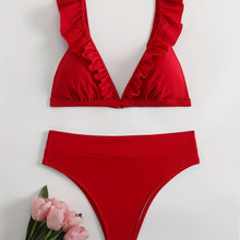 Load image into Gallery viewer, New Elegance Curve V-Neck Bikini Set – Sleek Solid Color High Waist Swimsuit with High-Cut Leg and Delicate Lettuce Trim – Stretch Comfort and Easy-Care Two-Piece Swimwear for Women’s Poolside Style
