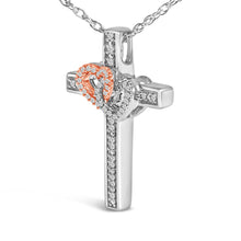 Load image into Gallery viewer, 14K Rose Gold Plated Sterling Silver 1/10 Cttw Diamond Cross &amp; Heart Pendant Necklace
