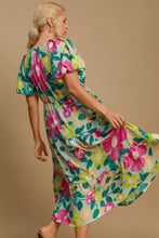 Load image into Gallery viewer, Colorful Full Size Floral Print Puff Sleeve Midi Dress Plus Size Elegant &amp; Feminine Romantic Long Dress
