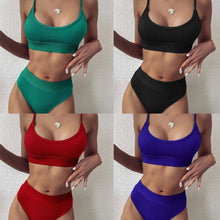 Load image into Gallery viewer, Women Bikini Sets Solid Color Ruffled Swimwear Bathing Suits 2 Piece Split Push Up Bandage Beachwear Women's Bikini Scoop Neck Straps Cutout Crop Top Lace Up Bottom Comfortable Two Piece Swimsuits

