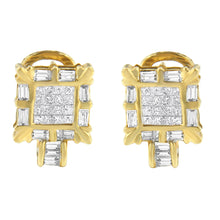 Load image into Gallery viewer, 14K Yellow Gold 7/8 Cttw Princess and Baguette-Cut Diamond Square Framed Huggie Hoop Omega Earrings (H-I Color, SI1-SI2 Clarity)
