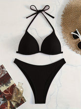 将图片加载到图库查看器，Bikini Rib Knit Solid Color Triangle 2 Piece Swimsuit for Women – Adjustable Tie Back Halter Bikini Set with Spaghetti Straps – High Stretch Polyester Swimwear for Summer Beachwear Poolside Relaxation and Tropical Vacation
