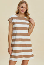 将图片加载到图库查看器，Full Size Striped Round Neck Cap Sleeve Mini Dress For Women – Striped Mini Dress, Full-Size Round Neck Dress, Comfortable Cap Sleeve Dress, Chic Striped Dress, Flattering Mini Dress, Casual Everyday Dress, Versatile Striped Dress
