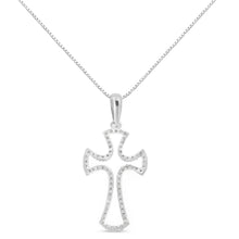 Load image into Gallery viewer, .925 Sterling Silver 1/3 Cttw Diamond Framed Open Cross 18" Pendant Necklace (J-K Color, I2-I3 Clarity)
