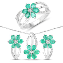 将图片加载到图库查看器，3.61 Carat Genuine Emerald and White Topaz .925 Sterling Silver Set (Ring, Earrings, and Pendant )
