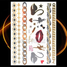 将图片加载到图库查看器，1PC Gold Chain Bracelet Tattoo Sticker Summer Style Fake Jewelry Temporary Tattoo Waterproof Gold Sliver Glitter Body Face Tattoo For Womens
