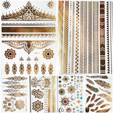 将图片加载到图库查看器，1PC Gold Chain Bracelet Tattoo Sticker Summer Style Fake Jewelry Temporary Tattoo Waterproof Gold Sliver Glitter Body Face Tattoo For Womens
