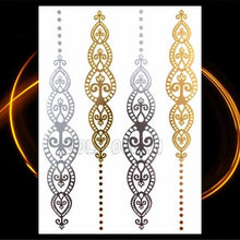 将图片加载到图库查看器，1PC Gold Chain Bracelet Tattoo Sticker Summer Style Fake Jewelry Temporary Tattoo Waterproof Gold Sliver Glitter Body Face Tattoo For Womens
