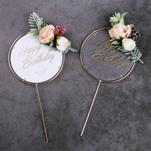 Load image into Gallery viewer, 1Pcs Metal Happy Birthday Cake Topper Artificial flowers Cake Toppers Happy Birthday Cake Topper Metal And Acrylic Cake Decoration With Pink Artificial Flower Cluster For DIY Baby Shower Birthday Party Decoration Baking Decor

