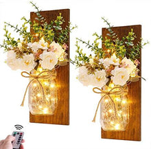 Load image into Gallery viewer, 2 Pack Rustic  Jar Fairy Strip Lights Wall Decor Hydrangea Sconces Decorative Home Chic Hanging LED FlowersHanging Design with Remote Control LED Fairy Lights and White Peony, Farmhouse Kitchen Decorations Wall Home Decor Living Room Lights Set of Two

