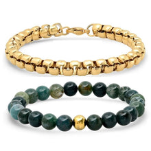 Load image into Gallery viewer, 2-Piece: Green Agate Beaded and 18k Gold Plated Box Link Bracelet Set
