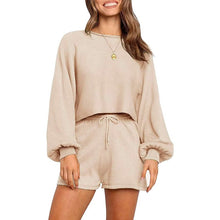 将图片加载到图库查看器，2-Piece: Knit Outfits Puff Sleeve Crop Top Shorts Set Sweater Sweatsuit
