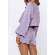 将图片加载到图库查看器，2-Piece: Knit Outfits Puff Sleeve Crop Top Shorts Set Sweater Sweatsuit
