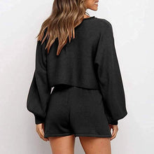 将图片加载到图库查看器，2-Piece: Knit Outfits Puff Sleeve Crop Top Shorts Set Sweater Sweatsuit
