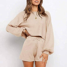 将图片加载到图库查看器，2-Piece: Knit Outfits Puff Sleeve Crop Top Shorts Set Sweater Sweatsuit

