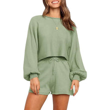 将图片加载到图库查看器，2-Piece: Knit Outfits Puff Sleeve Crop Top Shorts Set Sweater Sweatsuit
