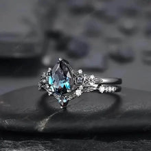 Load image into Gallery viewer, 2-Piece Set: Gothic Black &amp; Golden Engagement Ring Set with Pear-Shaped Cubic Zirconia
