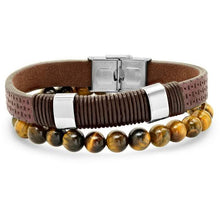 Load image into Gallery viewer, 2-Piece Set: Men's Brown Leather, Stainless Steel and Tiger Eye Beaded Bracelets
