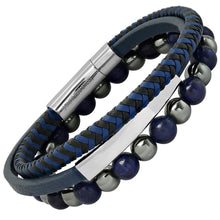 Load image into Gallery viewer, 2-Piece Set: Men's Leather/Stainless Steel and Lapis/Hematite Beaded Bracelets
