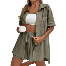 Load image into Gallery viewer, 2-Piece Set: Tracksuit Outfit Sets Cotton Linen Shirt and High Waisted Mini Shorts Set
