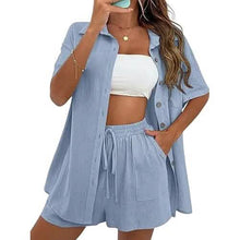 Load image into Gallery viewer, 2-Piece Set: Tracksuit Outfit Sets Cotton Linen Shirt and High Waisted Mini Shorts Set
