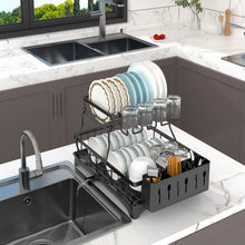 Load image into Gallery viewer, 2-Tier Dish Rack Drainer Organizer Set with Utensil Cup Holder Rack Swivel Spout
