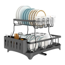 Load image into Gallery viewer, 2-Tier Dish Rack Drainer Organizer Set with Utensil Cup Holder Rack Swivel Spout
