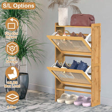 Load image into Gallery viewer, 2-Tier Shoe Cabinet with 2 Flip Drawers Slim Bamboo Rack Narrow Shoe Organizer
