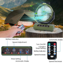 Load image into Gallery viewer, 20000mAh Rechargeable Oscillating Camping Fan with Flashlight Hanging Hook Remote Control
