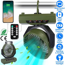 Load image into Gallery viewer, 20000mAh Rechargeable Oscillating Camping Fan with Flashlight Hanging Hook Remote Control

