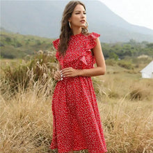 Load image into Gallery viewer, New Summer Dot Print Dress Women Casual Butterfly Sleeve Ruffles Medium Long Chiffon Dress - Summer Fashion Dresses
