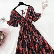 Load image into Gallery viewer, Summer Women Ruffled Short-sleeved Chiffon Dress V-neck High Waist Floral Print Beach Midi Dresses For Women
