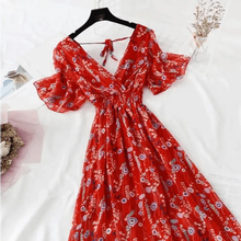Load image into Gallery viewer, Summer Women Ruffled Short-sleeved Chiffon Dress V-neck High Waist Floral Print Beach Midi Dresses For Women
