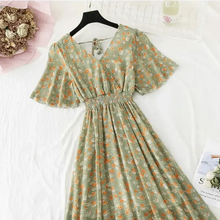 Load image into Gallery viewer, Summer Women Ruffled Short-sleeved Chiffon Dress V-neck High Waist Floral Print Beach Midi Dresses For Women

