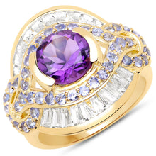 将图片加载到图库查看器，14K Yellow Gold Plated 3.93 Carat Genuine Amethyst, Tanzanite and White Topaz .925 Sterling Silver Ring
