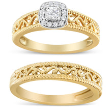 将图片加载到图库查看器，14K Yellow Gold Plated .925 Sterling Silver 1/5 Cttw Diamond Halo and Milgrain Finish Engagement Ring Bridal Set (I-J Color I3 Clarity) - Size 7
