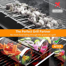 将图片加载到图库查看器，20cm/30cm BBQ Basket Stainless Cylindrical Rolling Grilling Baskets Portable Barbecue Rack For Grill For Fish Shrimp Meat Fries BBQ Grill Basket Rolling Grilling Basket Stainless Steel Grill Mesh Barbeque Grill Accessories
