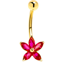 Load image into Gallery viewer, 16G Solid 14k Yellow Gold Ruby Cubic Zirconia Lily Belly Ring
